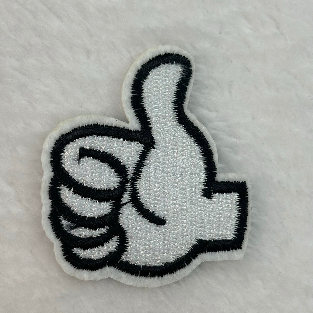 Thumbs Up Cartoon Hand Iron On Patch Small White Black Embroidered Applique